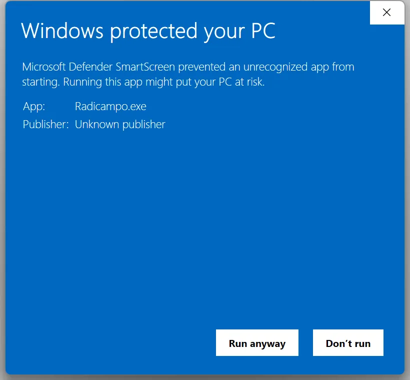 Aviso de SmartScreen mostrando Radicampo.exe y el botón Ejecutar de todas formas